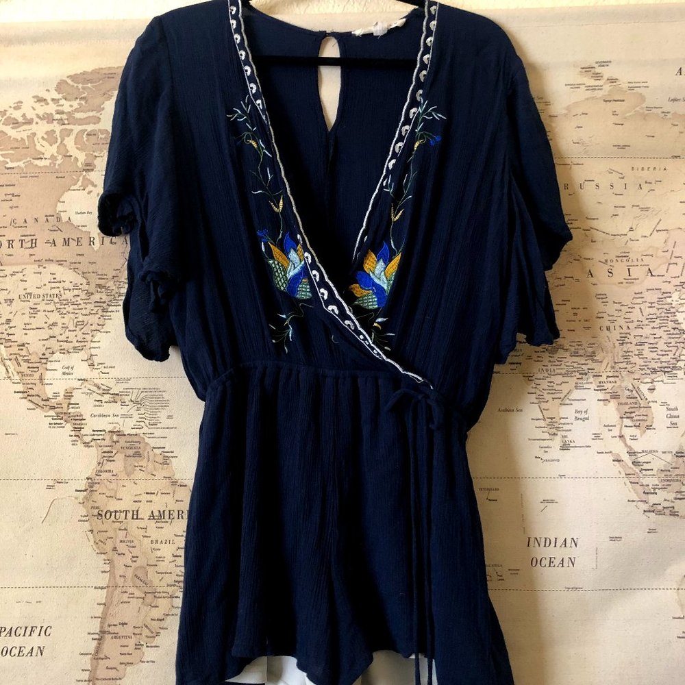 Navy Blue Embroidered Romper